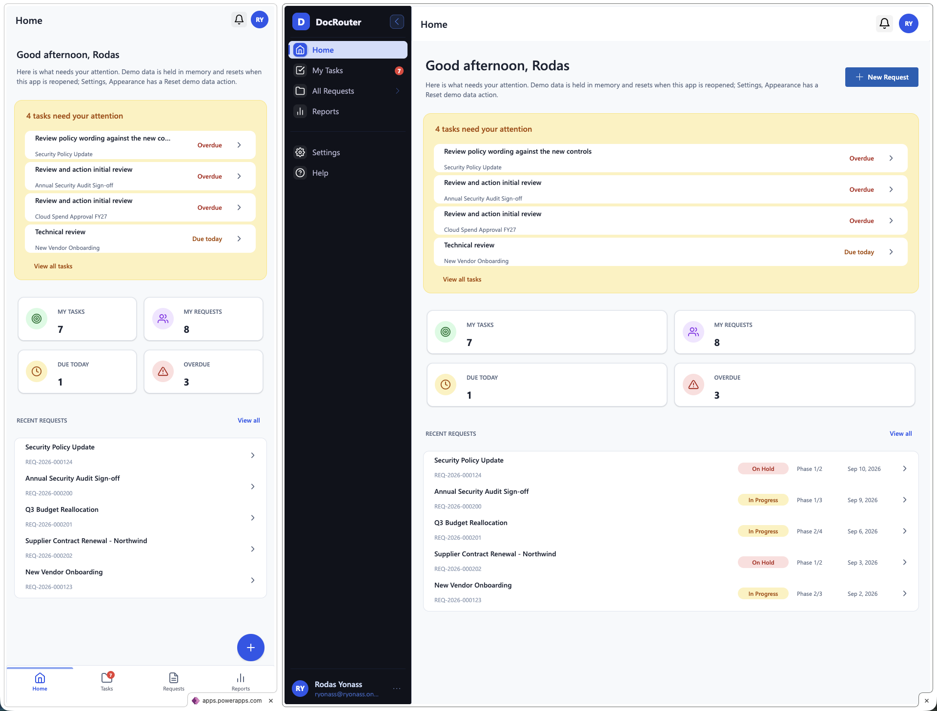 The DocRouter home screen side by side on a phone and on desktop: the phone has navigation along the bottom and stacked cards, the desktop has the sidebar and a wider layout. Same screen, same data.