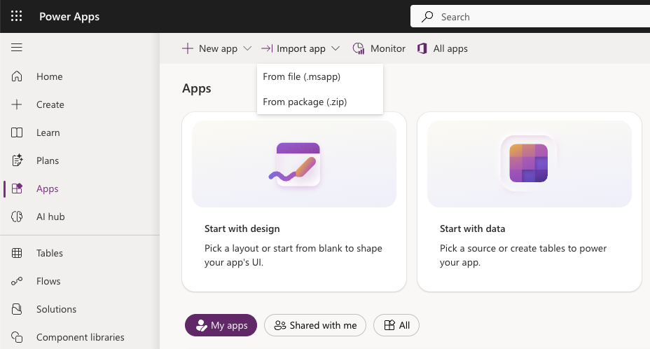 The Power Apps maker portal with the Import app menu open, showing From file (.msapp) and From package (.zip).