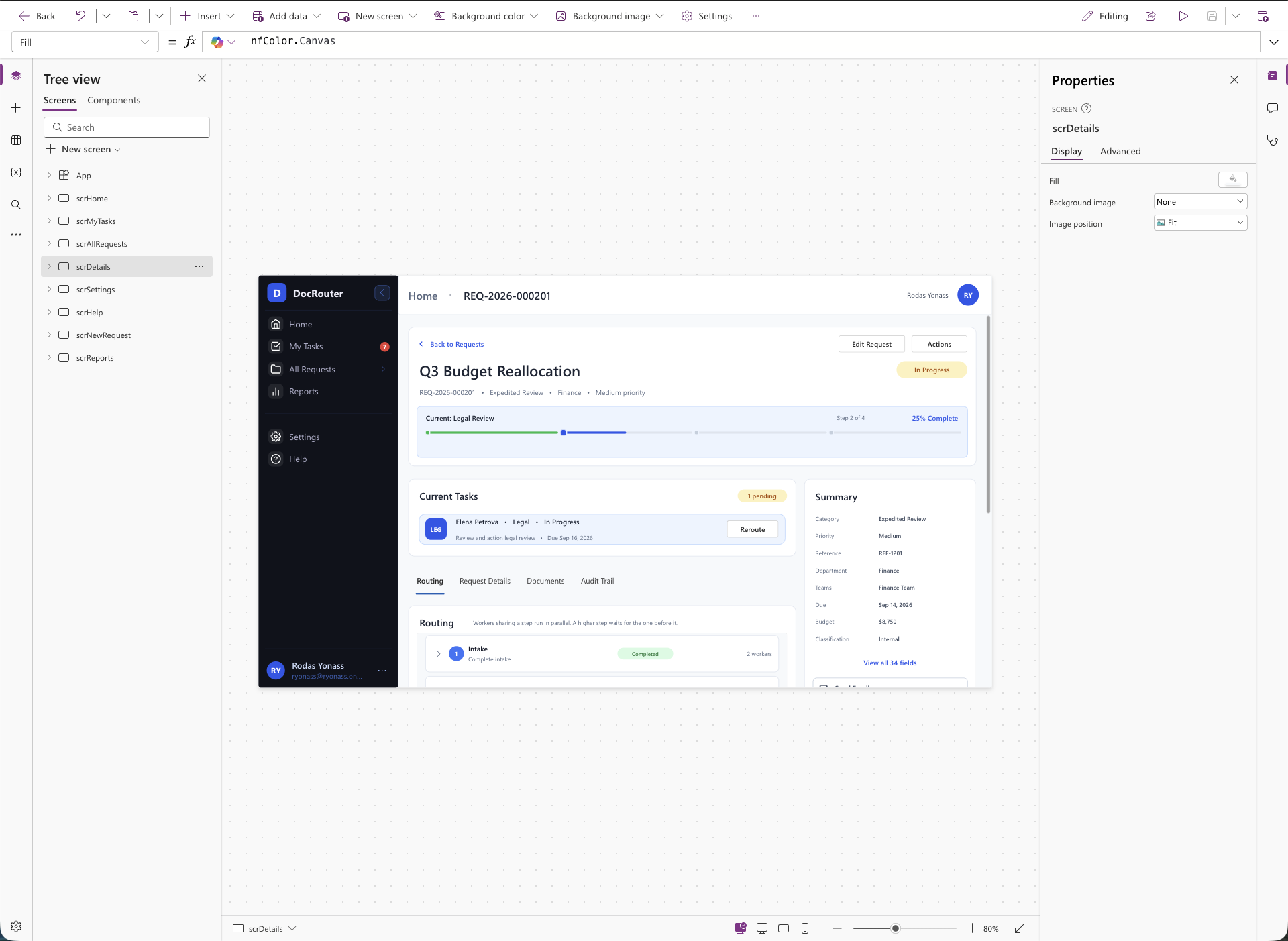 DocRouter open in Power Apps Studio: the tree view listing every screen, the request detail screen on the canvas, and the properties panel.